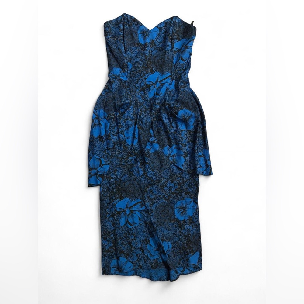 Vintage 80s Young Edwardian Strapless Peplum Black Blue Floral Midi Dress